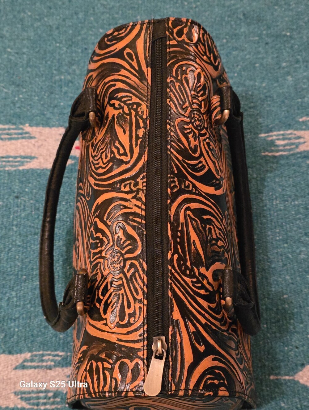 Floral Artisan Leather Speedy Satchel Burnt Copper & Black Western Crossbody - Picture 10 of 17